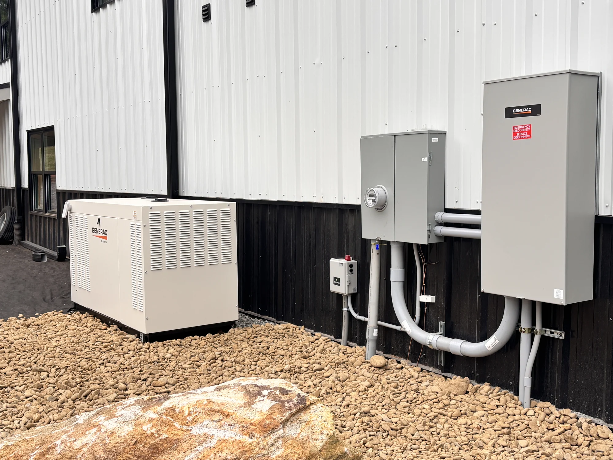 Standby generator, meter base and emergency service disconnect on a commercial building